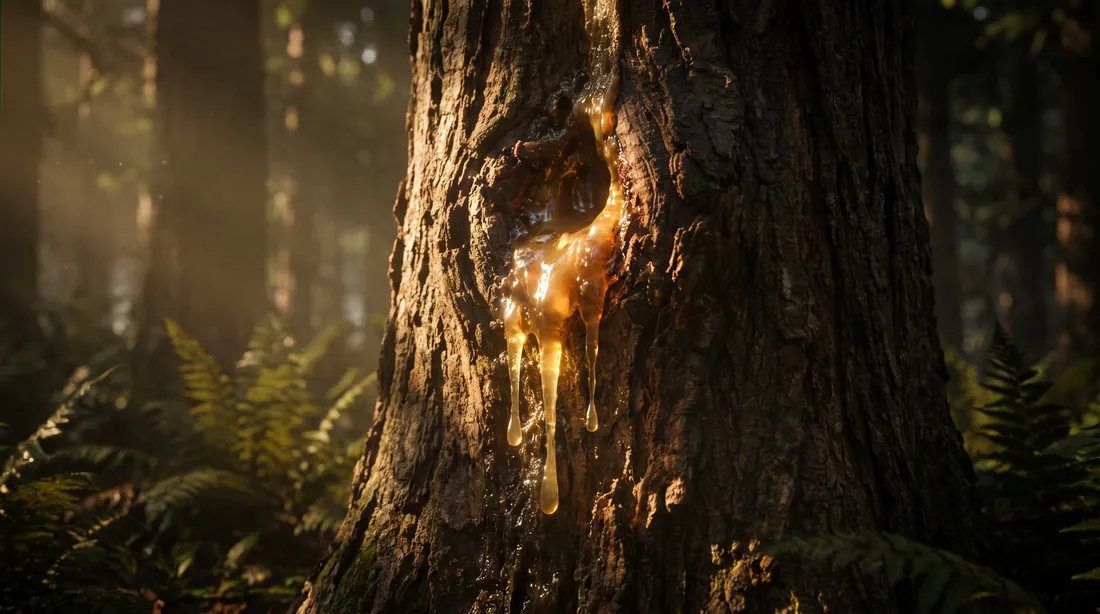 Fresh resin running down the trunk of a tree in a dim, ferny forest